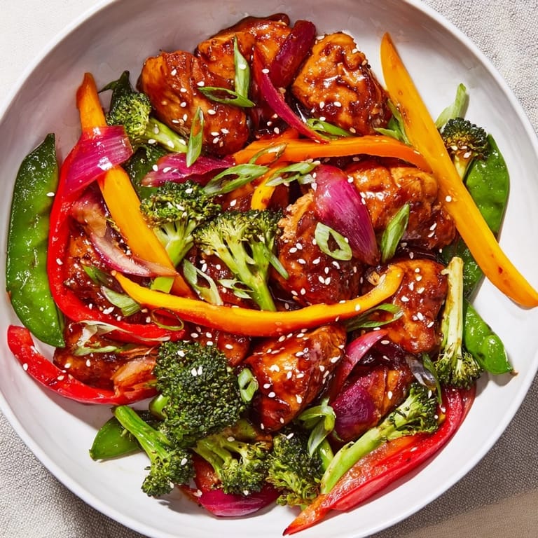 A close-up of a bubbling Sheet Pan Chicken Stir-Fry, with tender chicken and bright peppers glistening.