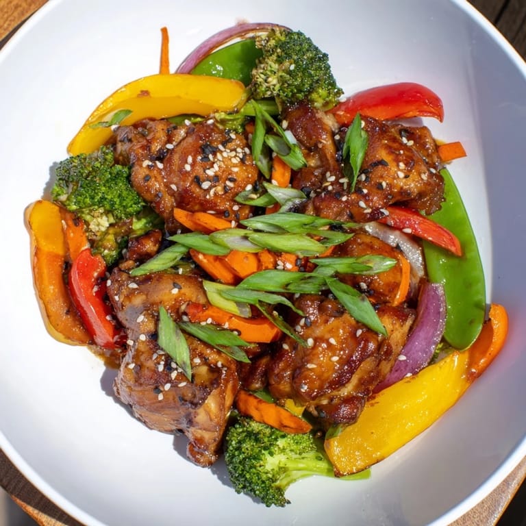 Savory Sheet Pan Chicken Stir-Fry, presented with sesame seeds and green onions atop a bed of rice.