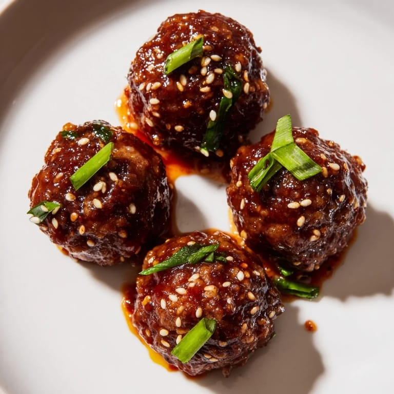 Appetizing close-up shot of the vibrant Spicy Sriracha Honey Meatballs, sprinkled with fresh green onions.