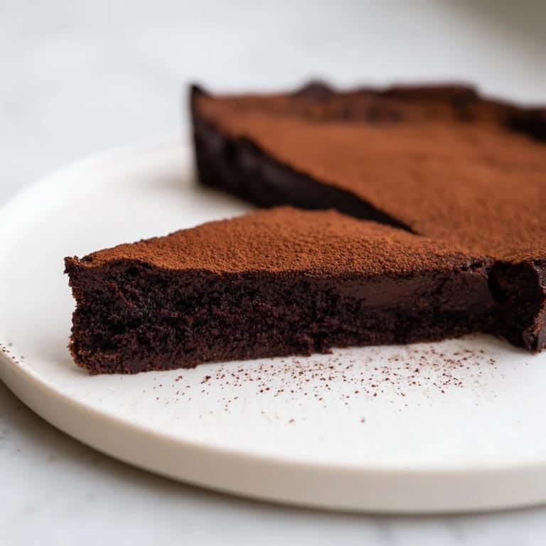 Rich, dark, and fudgy: a slice of the stunning decadent flourless chocolate cake appears.