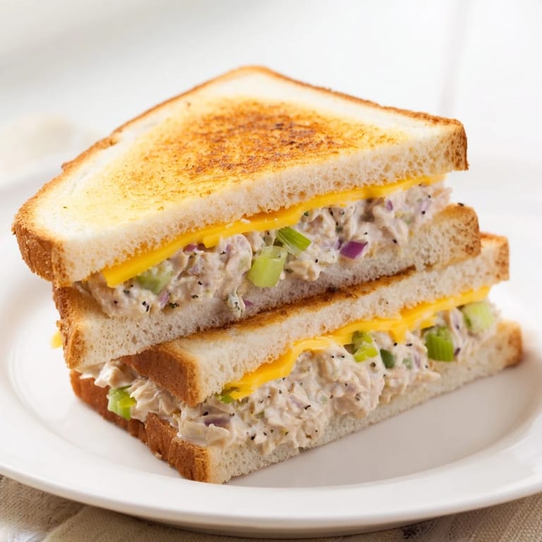 Warm, gooey cheese oozing from a freshly made classic tuna melt sandwich on a plate.