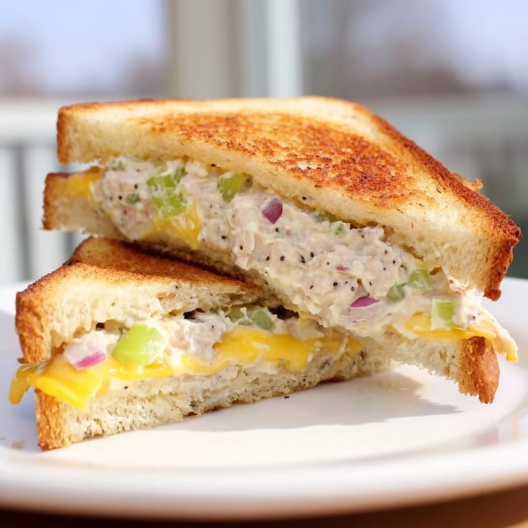 Close-up of a perfectly toasted, cheesy classic tuna melt sandwich ready to eat.