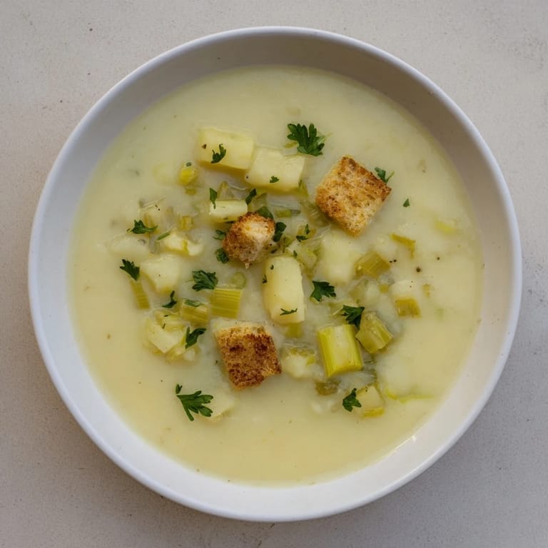 Homemade Quick & Simple Potato and Leek Soup served with crusty bread, perfect for a cozy, light lunch.