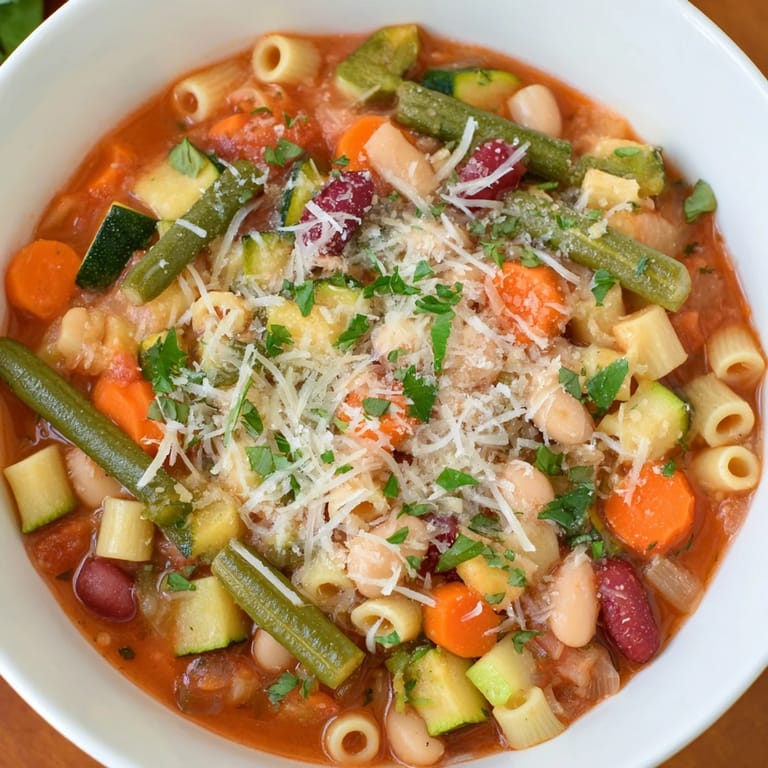 Close-up of a flavorful, hearty minestrone soup, ready to be served with grated Parmesan cheese.