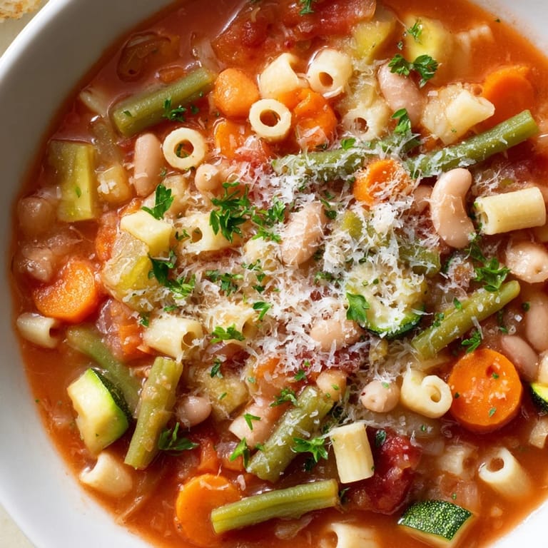 A comforting, vibrant spoonful of homemade minestrone soup, perfect for a cold evening meal.
