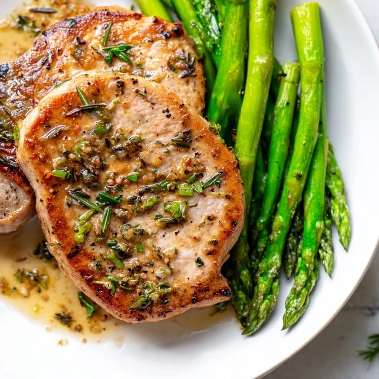 Sizzling, flavorful one-pan lemon herb pork chops, cooked with fresh herbs and lemon, and crisp asparagus.