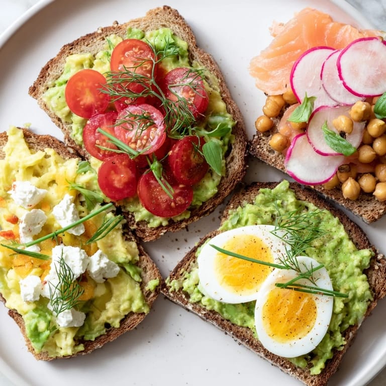 Beautifully arranged avocado toast: classic tomato, smoked salmon, spicy chickpeas, and egg topping.