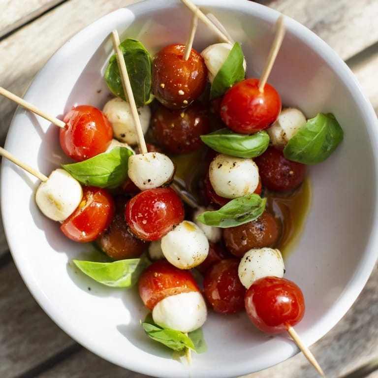 These Fresh Caprese Salad Skewers feature bright red tomatoes and fresh basil, ready for a delicious appetizer.