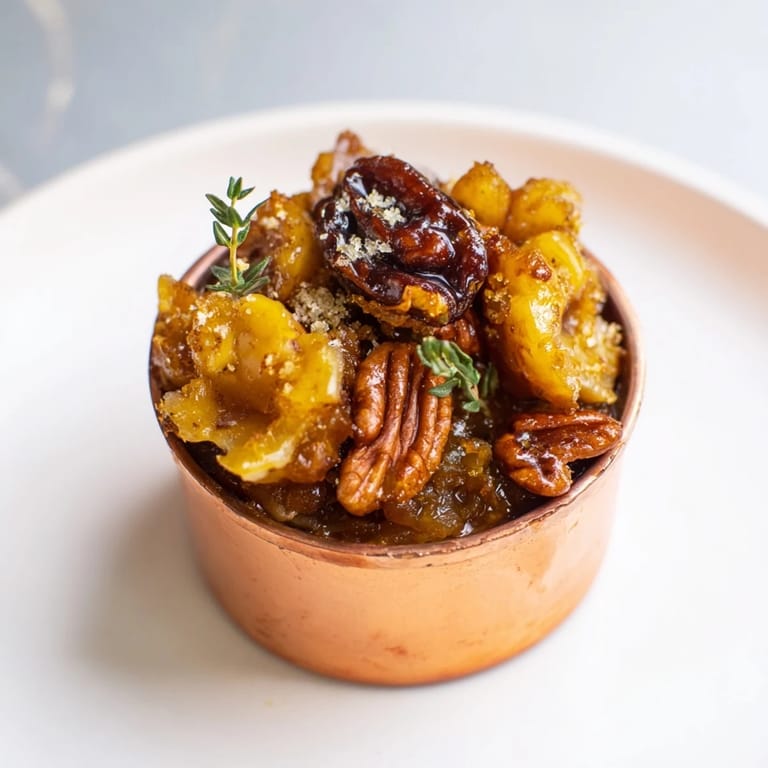 Delicious Copper Kettle appetizer with a golden, glistening caramel onion base and toasted nut topping.