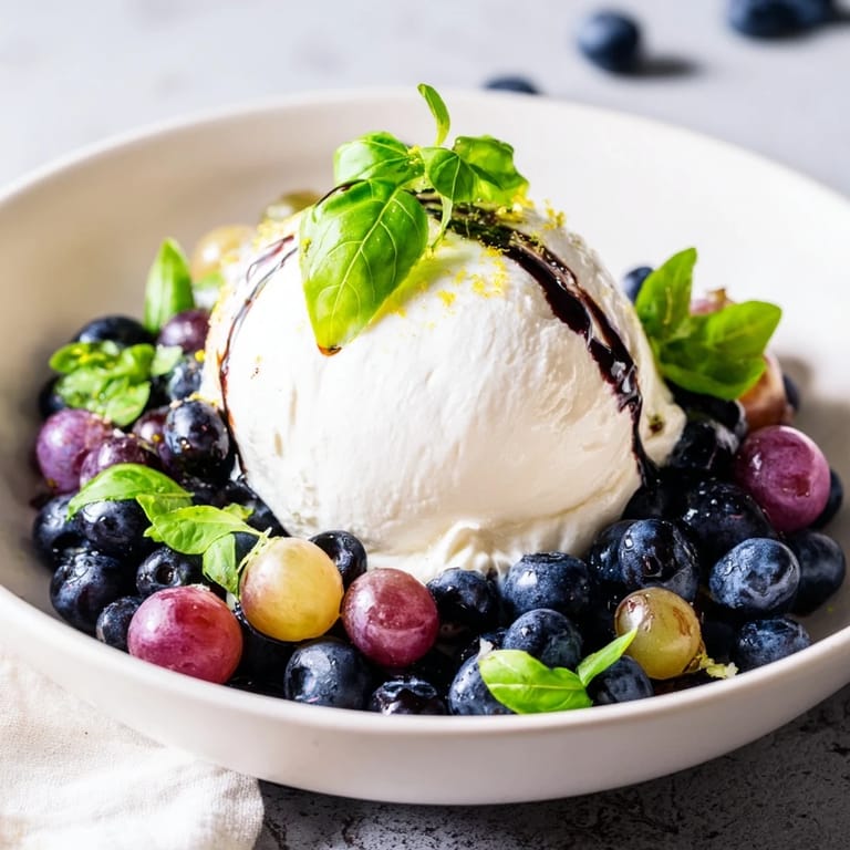 The vibrant Moonlit Lagoon salad with juicy grapes, basil, and balsamic glaze looks delicious and refreshing.