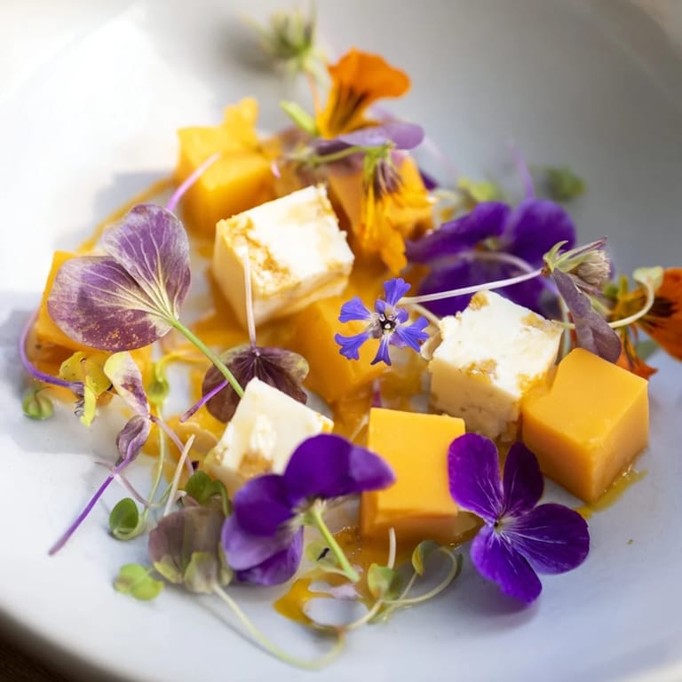 Fresh edible flowers and microgreens conceal creamy cheese cubes in this Secret Garden appetizer creation.