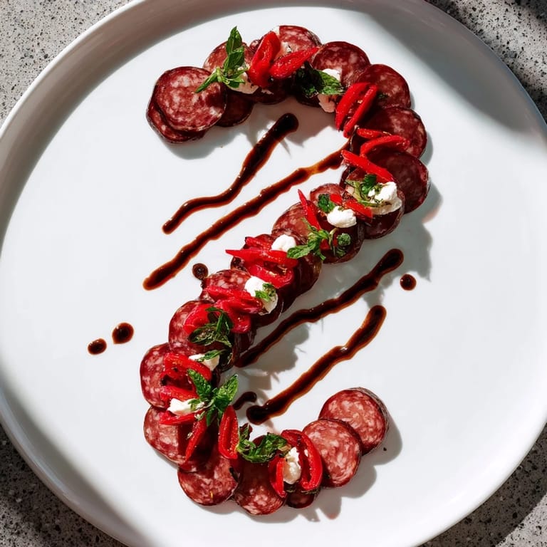 Salty chorizo and sweet cherries star in this elegant serving of The Crimson Tide, ready to serve.