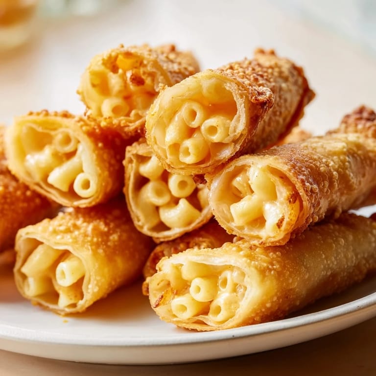 A close-up reveals crispy air-fried Tinis Mac and Cheese Lumpia Rolls, perfect for a flavorful appetizer.