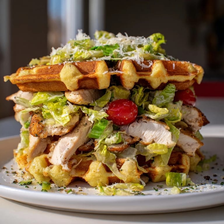 Imagine biting into a warm Chicken Caesar Waffle Sandwich, filled with cool Caesar salad and grilled chicken.