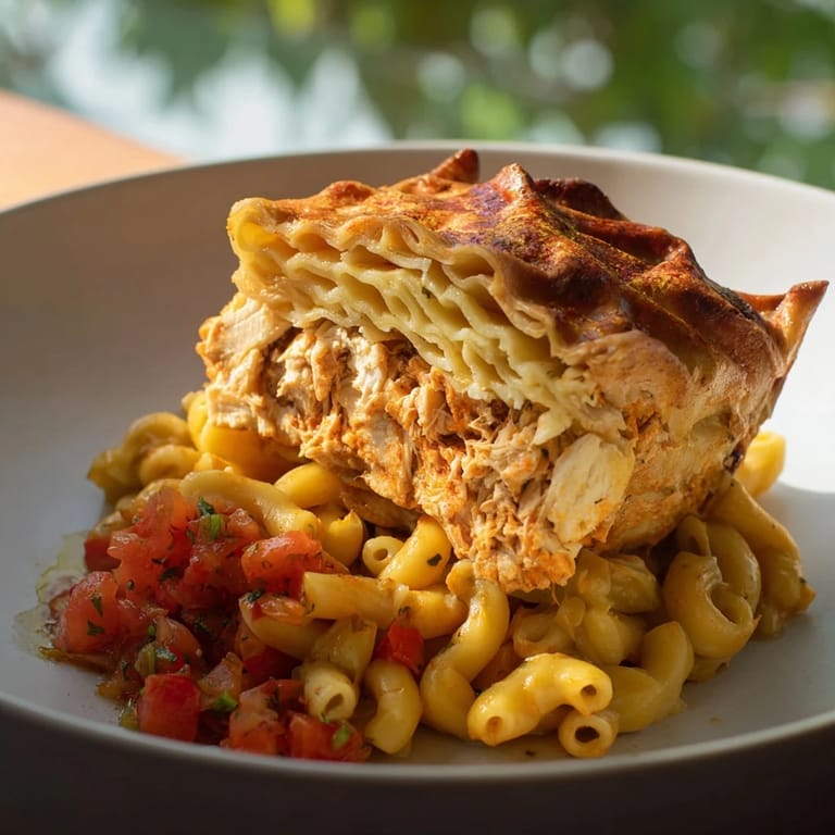 A close-up view of the savory Chicken and Pasta Crinkle Cake, showcasing the flaky crust.