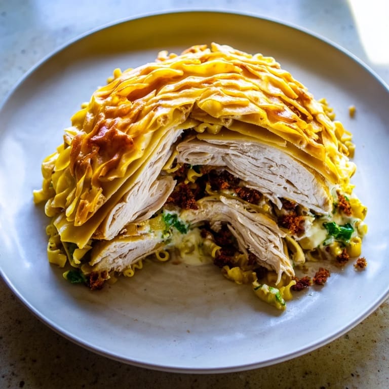 Enjoy a slice of homemade Chicken and Pasta Crinkle Cake, with tender chicken and pasta.