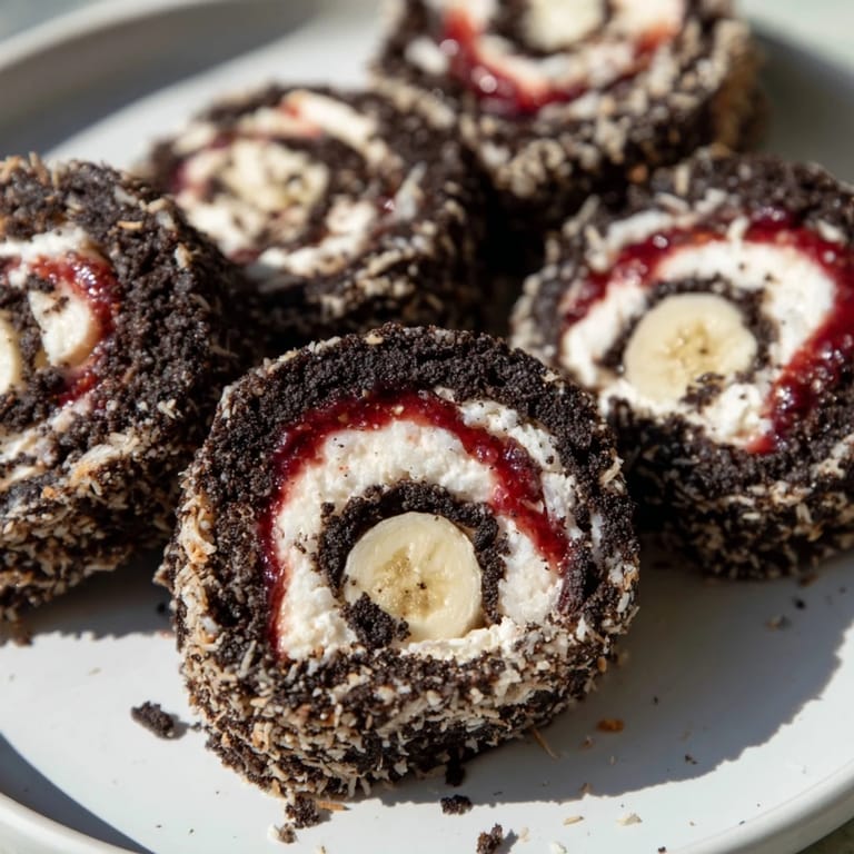 Close-up of freshly sliced Oreo Cookie Sushi Rolls, a playful dessert with coconut and banana.