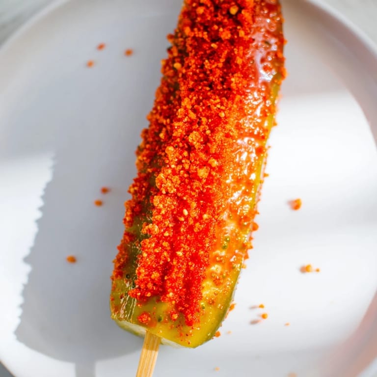 Spicy and sweet chamoy-Tajín pickle sticks, a craveable Mexican-inspired snack perfect for summer.