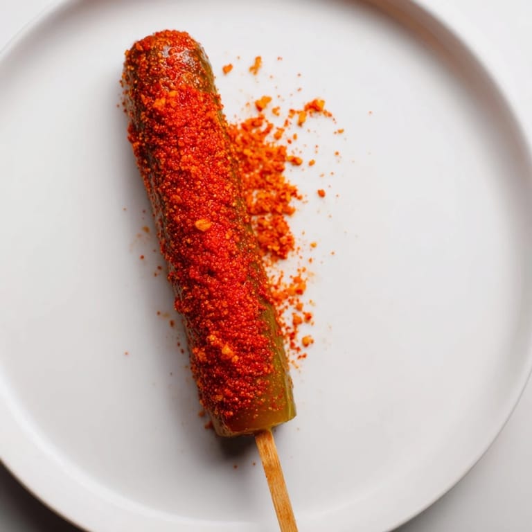 A close up of chamoy-Tajín pickle sticks, with beautiful red chamoy coating and Tajin seasoning.