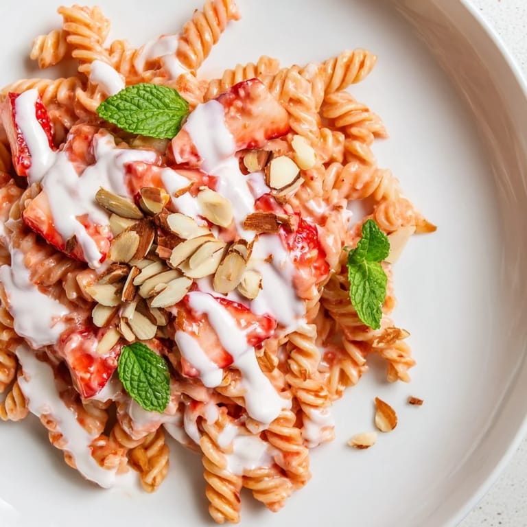 See the delightful Sweet Strawberry Yogurt Pasta, a sweet treat with yogurt, fresh strawberries, and crunchy almonds.