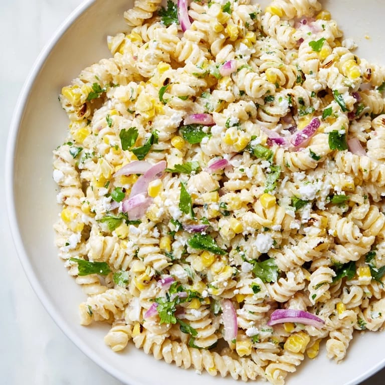 This Creamy Street Corn Pasta Salad showcases a chilled bowl of pasta, bursting with fresh, colorful ingredients.