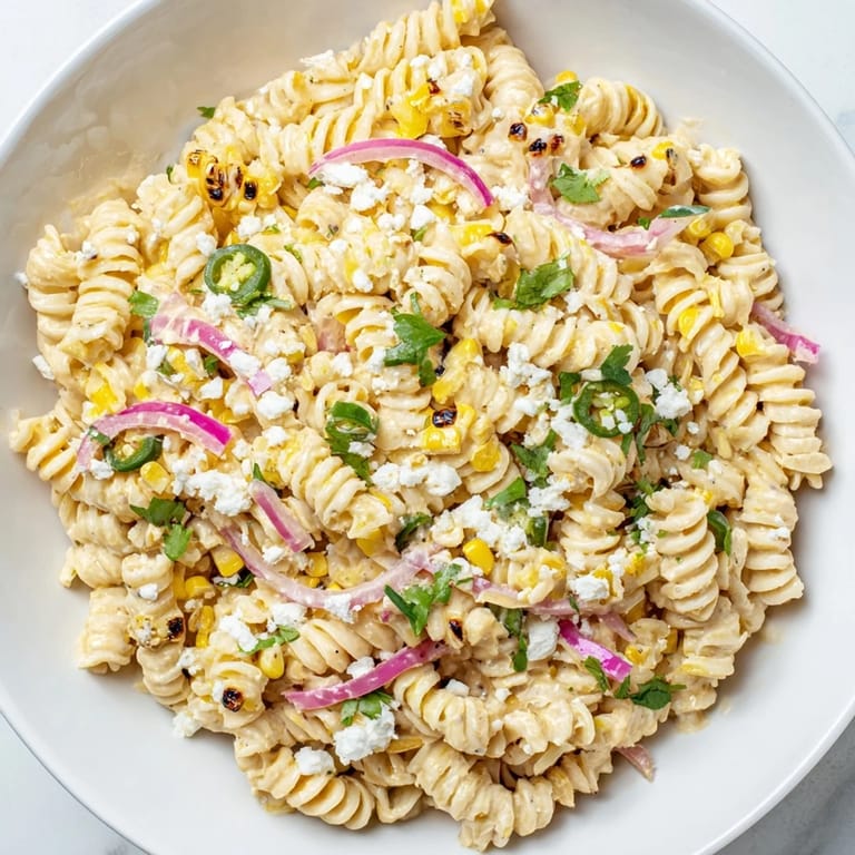 Imagine the zesty Creamy Street Corn Pasta Salad, a delicious and easy dish, ready to be enjoyed!