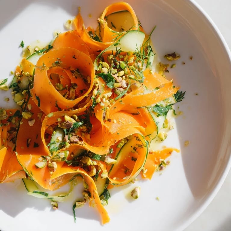 This eye-catching Citrus Carrot Ribbon Salad features delicate carrot ribbons garnished with herbs.