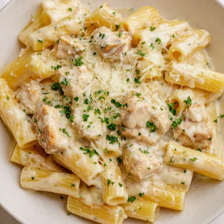 Imagine a close-up of the cheesy, golden Chicken Alfredo Bake: inviting and perfect for any family dinner.