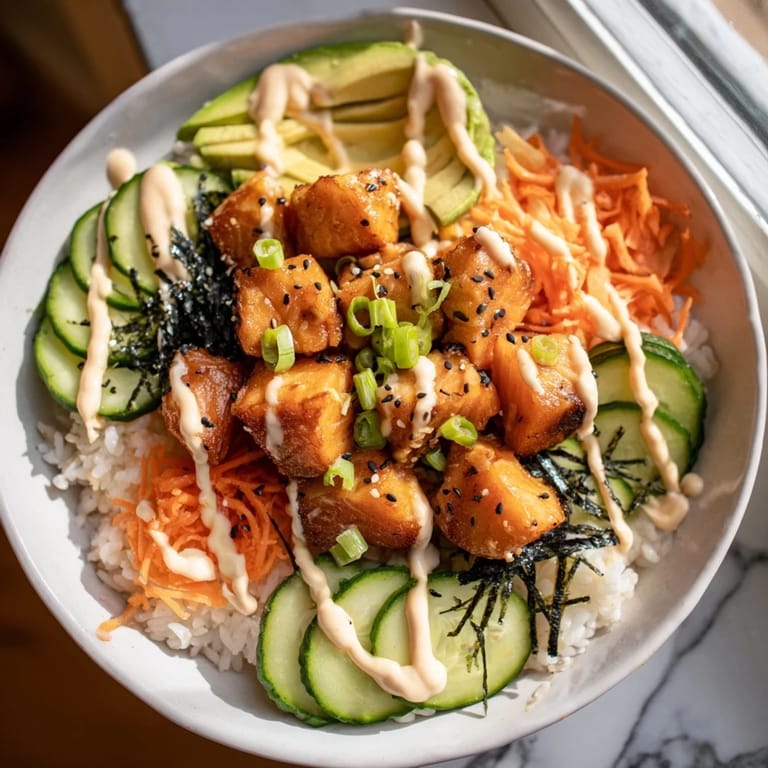 Freshly prepared Salmon Bites Bowl recipe, a pescatarian delight served in a ceramic bowl.