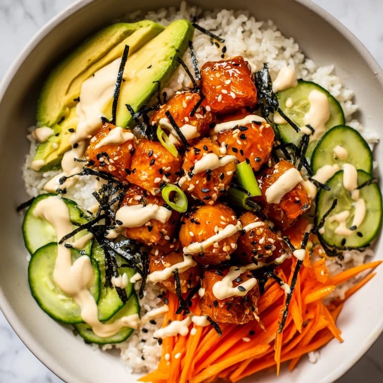 A close-up shot of the Salmon Bites Bowl, featuring tender, flaky fish with creamy sauce and rice.