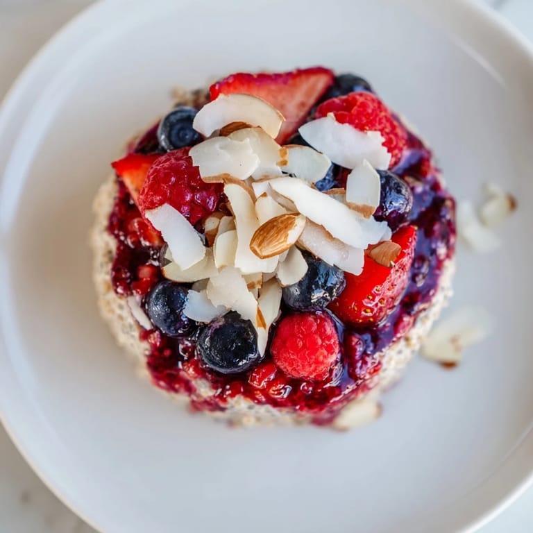 A layered breakfast of Berry Chia Pudding with vibrant berry compote and almond topping.