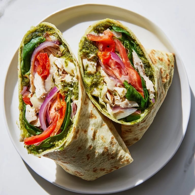 Beautifully sliced Pesto Chicken Wrap, showcasing the juicy chicken and flavorful pesto in each bite.