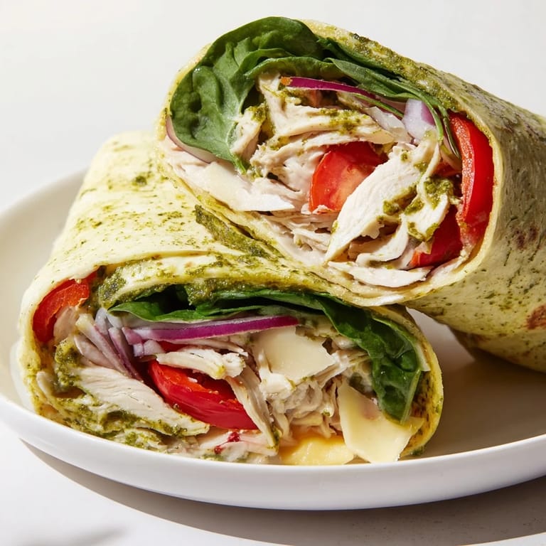 A fresh and colorful Pesto Chicken Wrap, with visible layers of vibrant vegetables and pesto filling.