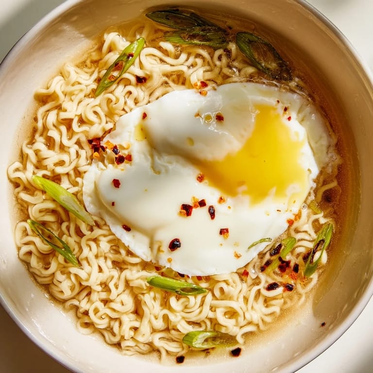 Rich and buttery upgraded instant ramen topped with vibrant green scallions, ideal for a quick lunch.