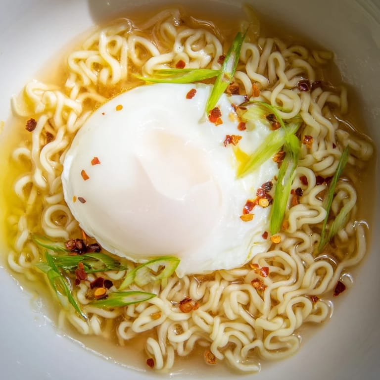 Close-up of a flavorful upgraded instant ramen dish, showcasing a runny yolk and savory broth.