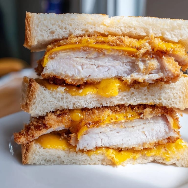 A close-up of a generously filled Crispy Panko Pork Chop Grilled Cheese, ready to be sliced and devoured.