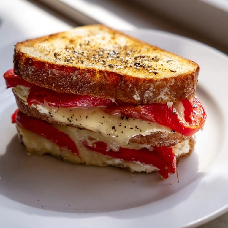 Enjoy a close-up of a perfectly grilled Roasted Red Pepper Grilled Cheese, oozing with melted mozzarella.