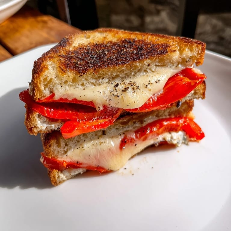 Indulge in a crispy Roasted Red Pepper Grilled Cheese, showcasing the vibrant red peppers between golden sourdough.