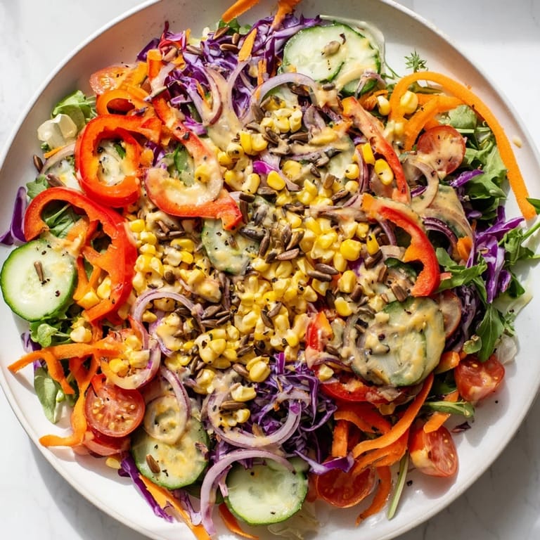 This Rainbow Salad features a bright array of fresh, crisp veggies, perfect for a light, delicious lunch.