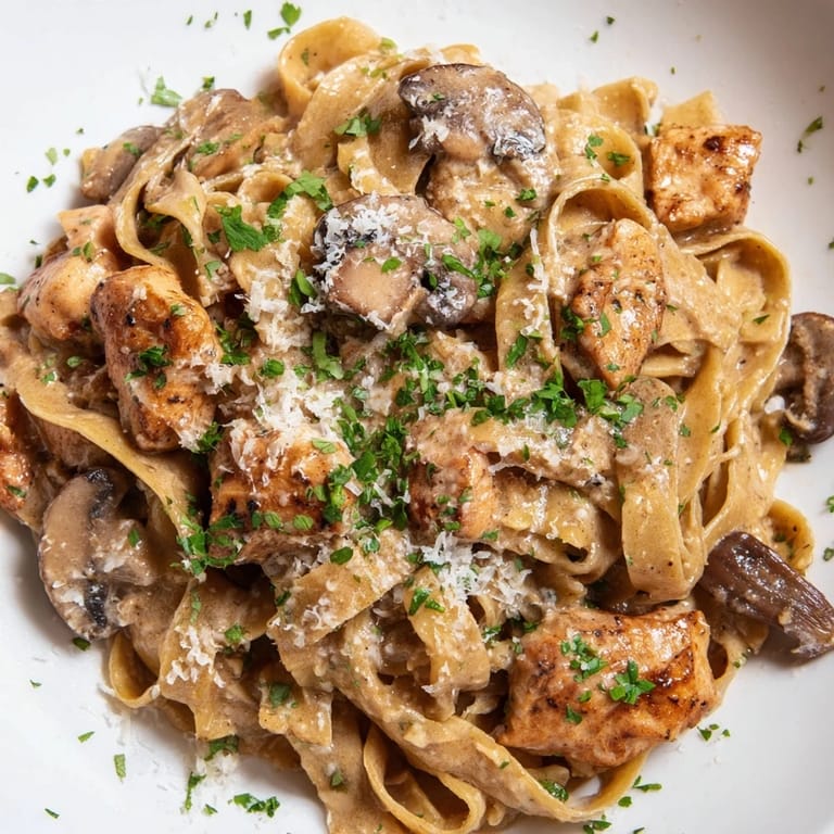 This Creamy Mushroom Chicken Pasta features golden chicken pieces amidst mushrooms and creamy sauce, ready to eat.