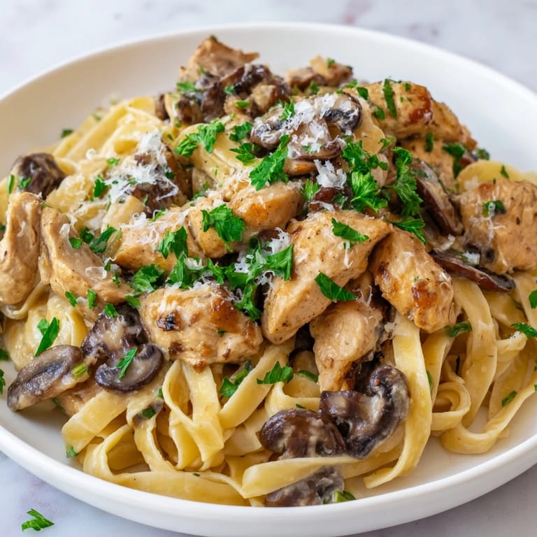 Imagine the aroma! This finished Creamy Mushroom Chicken Pasta dish is plated with fresh parsley for garnish.