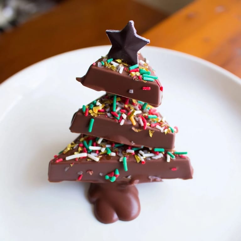 Easy-to-make Chocolate Kinder Christmas Trees, a child's delight, ready in minutes with melted chocolate drizzle.