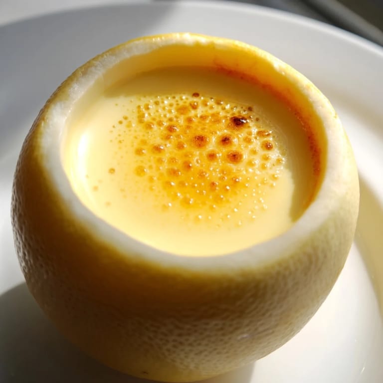 A visually appealing close-up of the smooth, rich lemon brûlée posset, ready to enjoy.