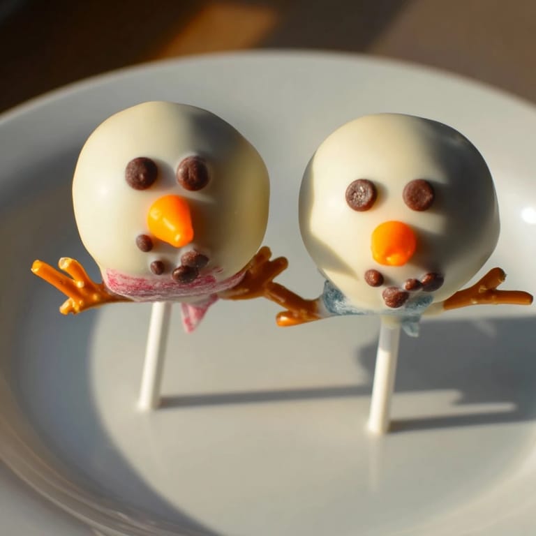 Cute, edible Oreo Snowman Cake Pops, complete with pretzel arms and chocolate chip eyes.