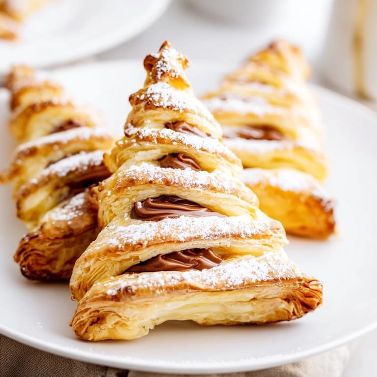 A plate of flaky, golden Nutella Pastry Christmas Trees, dusted with powdered sugar, ready to serve.
