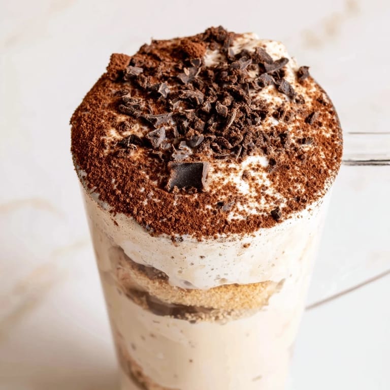 Steaming Tiramisu Latte, with layers of cream, espresso-soaked ladyfingers, and cocoa dusting.