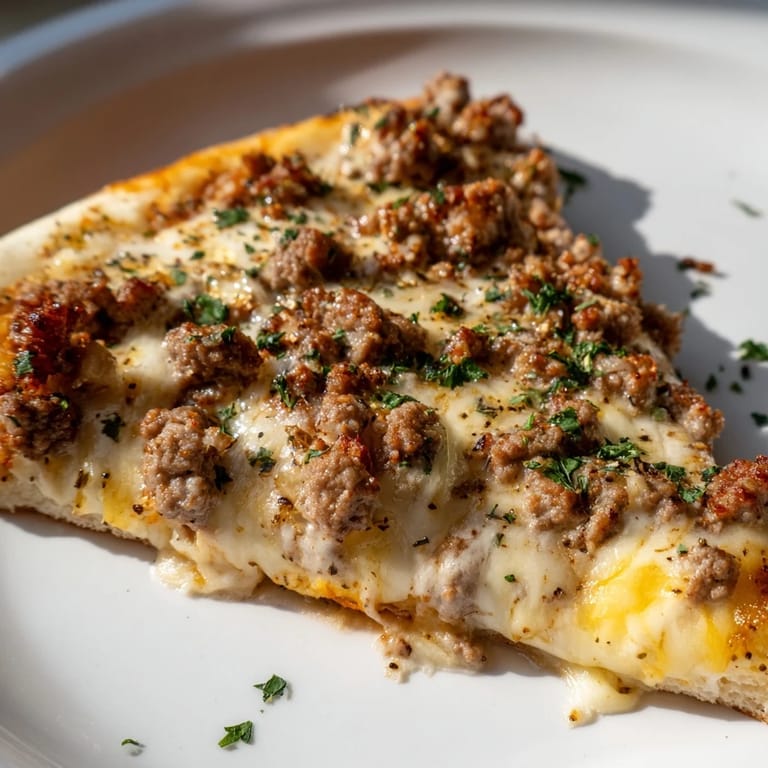 Mouthwatering Ground Beef Alfredo Pizza, golden crust with melted mozzarella, ready to be sliced.