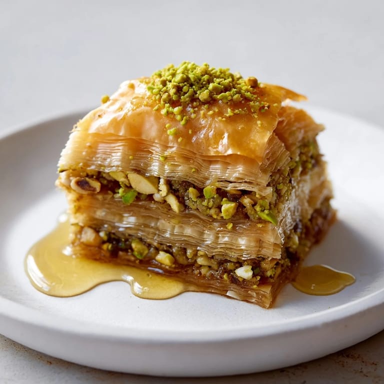 Enjoy the delightful, nutty aroma, imagining slicing into sweet, crisp Turkish Hazelnut & Pistachio Baklava.