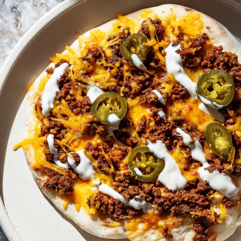 Close-up of a fully loaded Ground Beef Taco Pizza, offering a burst of Tex-Mex flavors.