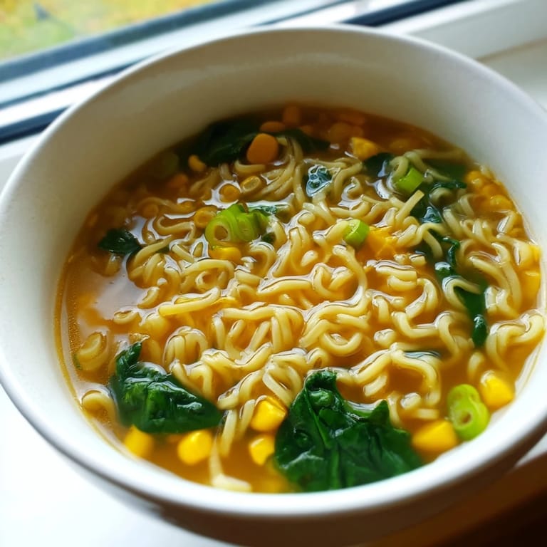 Quick comfort food: Elevated Ramen Egg Drop Soup featuring creamy texture, tender egg strands, and vibrant green scallions and spinach.
